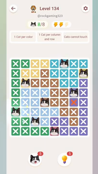 Meowdoku Level 134 step 8 screenshot showing the cat placement at A6 with 8 of 8 cats visible on the board.