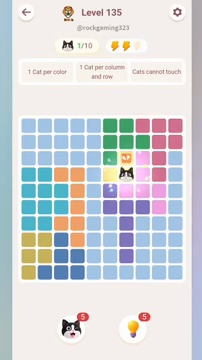 Meowdoku Level 135 step 1 screenshot showing the cat placement at G4 with 1 of 10 cats visible on the board.