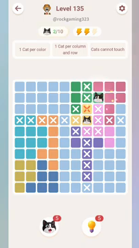 Meowdoku Level 135 step 2 screenshot showing the cat placement at H2 with 2 of 10 cats visible on the board.