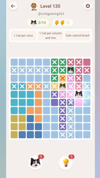 Meowdoku Level 135 step 3 screenshot showing the cat placement at I5 with 3 of 10 cats visible on the board.