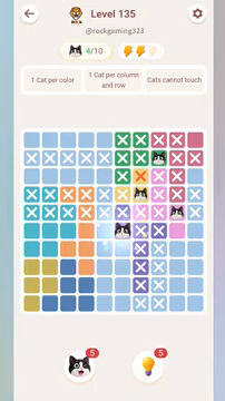 Meowdoku Level 135 step 4 screenshot showing the cat placement at F6 with 4 of 10 cats visible on the board.