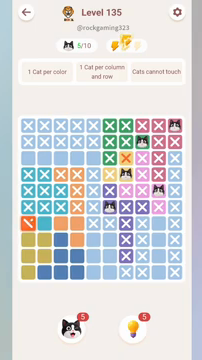 Meowdoku Level 135 step 5 screenshot showing the cat placement at J1 with 5 of 10 cats visible on the board.