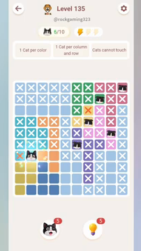 Meowdoku Level 135 step 6 screenshot showing the cat placement at B7 with 6 of 10 cats visible on the board.