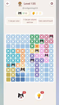 Meowdoku Level 135 step 7 screenshot showing the cat placement at D8 with 7 of 10 cats visible on the board.