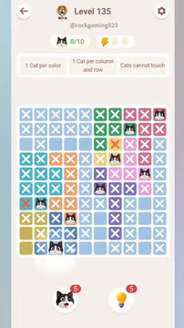 Meowdoku Level 135 step 8 screenshot showing the cat placement at C10 with 8 of 10 cats visible on the board.