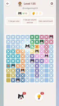 Meowdoku Level 135 step 9 screenshot showing the cat placement at E3 with 9 of 10 cats visible on the board.