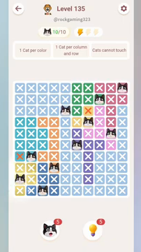 Meowdoku Level 135 step 10 screenshot showing the cat placement at A9 with 10 of 10 cats visible on the board.