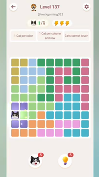 Meowdoku Level 137 step 1 screenshot showing the cat placement at A7 with 1 of 9 cats visible on the board.