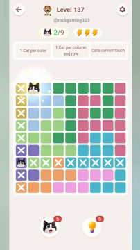 Meowdoku Level 137 step 2 screenshot showing the cat placement at B1 with 2 of 9 cats visible on the board.