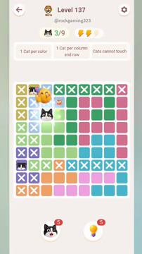 Meowdoku Level 137 step 3 screenshot showing the cat placement at C3 with 3 of 9 cats visible on the board.