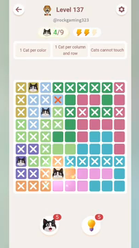 Meowdoku Level 137 step 4 screenshot showing the cat placement at D8 with 4 of 9 cats visible on the board.