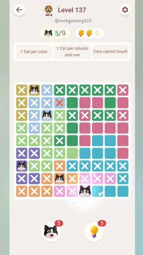 Meowdoku Level 137 step 5 screenshot showing the cat placement at F9 with 5 of 9 cats visible on the board.