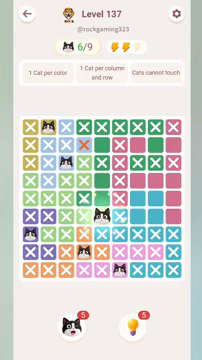 Meowdoku Level 137 step 6 screenshot showing the cat placement at E6 with 6 of 9 cats visible on the board.