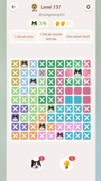 Meowdoku Level 137 step 7 screenshot showing the cat placement at H2 with 7 of 9 cats visible on the board.