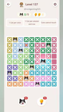 Meowdoku Level 137 step 8 screenshot showing the cat placement at G5 with 8 of 9 cats visible on the board.