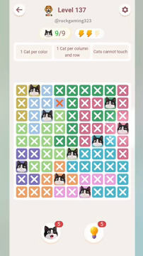Meowdoku Level 137 step 9 screenshot showing the cat placement at I4 with 9 of 9 cats visible on the board.