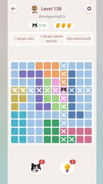Meowdoku Level 138 step 1 screenshot showing the cat placement at G4 with 1 of 10 cats visible on the board.