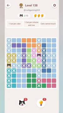 Meowdoku Level 138 step 2 screenshot showing the cat placement at A6 with 2 of 10 cats visible on the board.