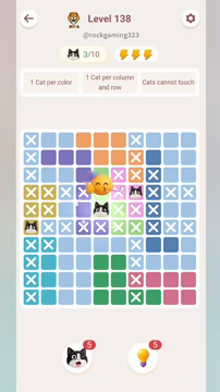 Meowdoku Level 138 step 3 screenshot showing the cat placement at E5 with 3 of 10 cats visible on the board.