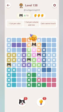 Meowdoku Level 138 step 4 screenshot showing the cat placement at F2 with 4 of 10 cats visible on the board.
