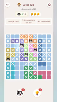 Meowdoku Level 138 step 5 screenshot showing the cat placement at D3 with 5 of 10 cats visible on the board.