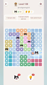 Meowdoku Level 138 step 6 screenshot showing the cat placement at I7 with 6 of 10 cats visible on the board.