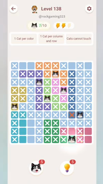 Meowdoku Level 138 step 7 screenshot showing the cat placement at H10 with 7 of 10 cats visible on the board.