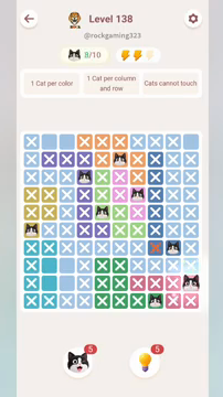 Meowdoku Level 138 step 8 screenshot showing the cat placement at J9 with 8 of 10 cats visible on the board.