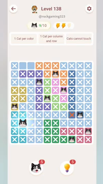 Meowdoku Level 138 step 9 screenshot showing the cat placement at B8 with 9 of 10 cats visible on the board.
