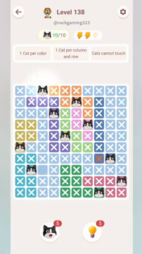 Meowdoku Level 138 step 10 screenshot showing the cat placement at C1 with 10 of 10 cats visible on the board.