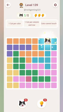 Meowdoku Level 139 step 1 screenshot showing the cat placement at G1 with 1 of 8 cats visible on the board.