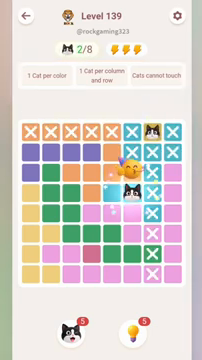 Meowdoku Level 139 step 2 screenshot showing the cat placement at F4 with 2 of 8 cats visible on the board.