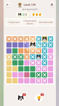 Meowdoku Level 139 step 3 screenshot showing the cat placement at E2 with 3 of 8 cats visible on the board.