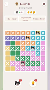 Meowdoku Level 139 step 4 screenshot showing the cat placement at D7 with 4 of 8 cats visible on the board.