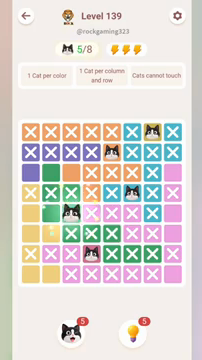 Meowdoku Level 139 step 5 screenshot showing the cat placement at C5 with 5 of 8 cats visible on the board.
