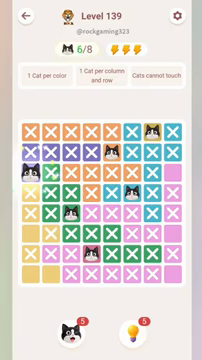 Meowdoku Level 139 step 6 screenshot showing the cat placement at A3 with 6 of 8 cats visible on the board.