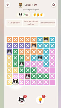Meowdoku Level 139 step 7 screenshot showing the cat placement at B8 with 7 of 8 cats visible on the board.