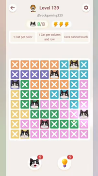 Meowdoku Level 139 step 8 screenshot showing the cat placement at H6 with 8 of 8 cats visible on the board.