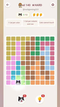 Meowdoku Level 140 step 1 screenshot showing the cat placement at C10 with 1 of 10 cats visible on the board.