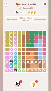 Meowdoku Level 140 step 2 screenshot showing the cat placement at B8 with 2 of 10 cats visible on the board.