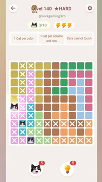 Meowdoku Level 140 step 3 screenshot showing the cat placement at A6 with 3 of 10 cats visible on the board.