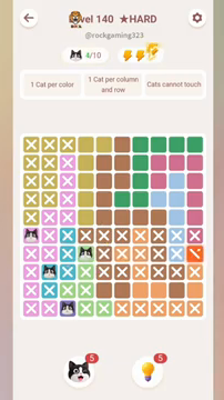 Meowdoku Level 140 step 4 screenshot showing the cat placement at D7 with 4 of 10 cats visible on the board.