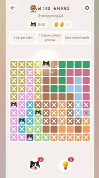 Meowdoku Level 140 step 5 screenshot showing the cat placement at E1 with 5 of 10 cats visible on the board.
