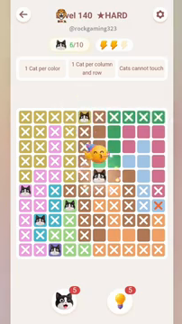 Meowdoku Level 140 step 6 screenshot showing the cat placement at F5 with 6 of 10 cats visible on the board.