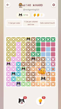 Meowdoku Level 140 step 7 screenshot showing the cat placement at H9 with 7 of 10 cats visible on the board.