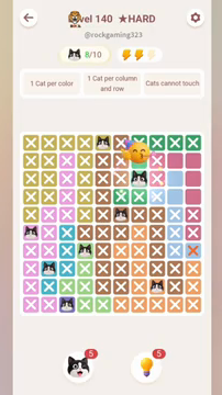 Meowdoku Level 140 step 8 screenshot showing the cat placement at G3 with 8 of 10 cats visible on the board.