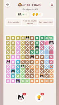 Meowdoku Level 140 step 9 screenshot showing the cat placement at J2 with 9 of 10 cats visible on the board.