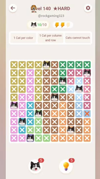 Meowdoku Level 140 step 10 screenshot showing the cat placement at I4 with 10 of 10 cats visible on the board.