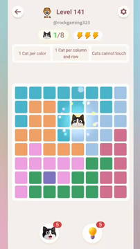 Meowdoku Level 141 step 1 screenshot showing the cat placement at E3 with 1 of 8 cats visible on the board.
