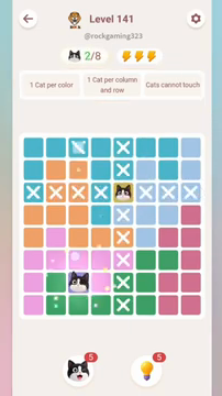 Meowdoku Level 141 step 2 screenshot showing the cat placement at C7 with 2 of 8 cats visible on the board.